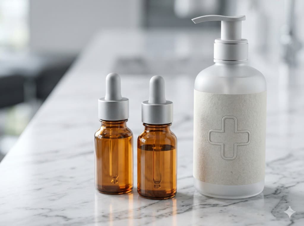 Clinical skincare bottles and droppers on marble — illustrating medications and possible add-on fees.