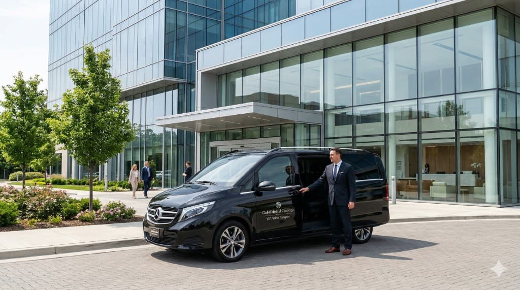 VIP medical shuttle in front of a modern clinic — typical of bundled all-inclusive packages in Turkey.